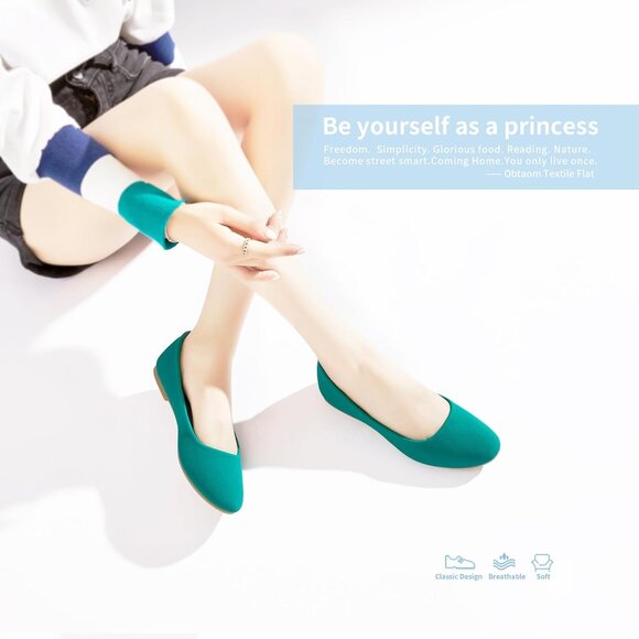 Obtaom Women Green Textile Rounded Toe Slip on Comfortable Ballet Flats Shoes - Picture 6 of 7